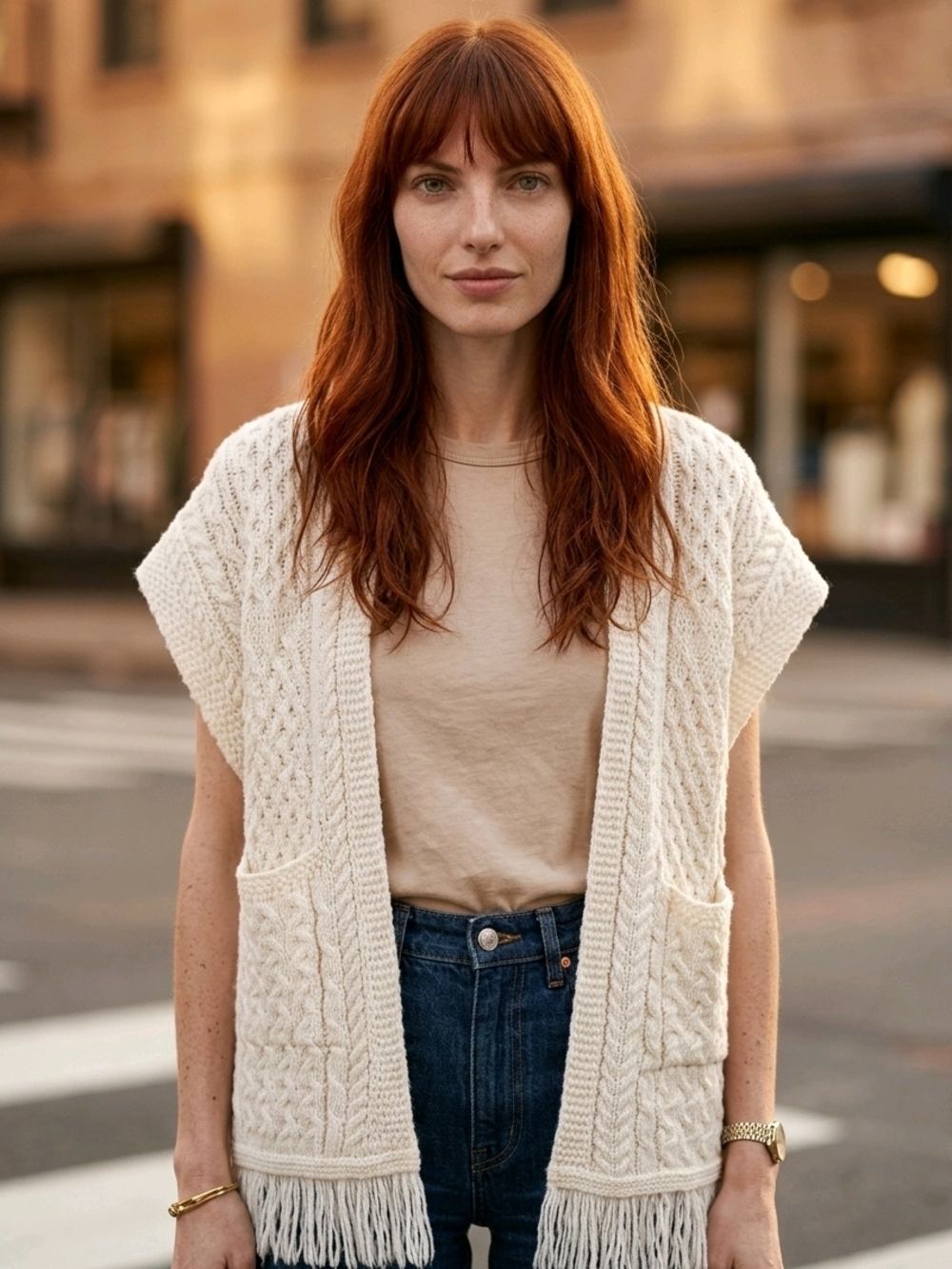 Aran Crafts Cream Cable-Knit Fringe Open Vest